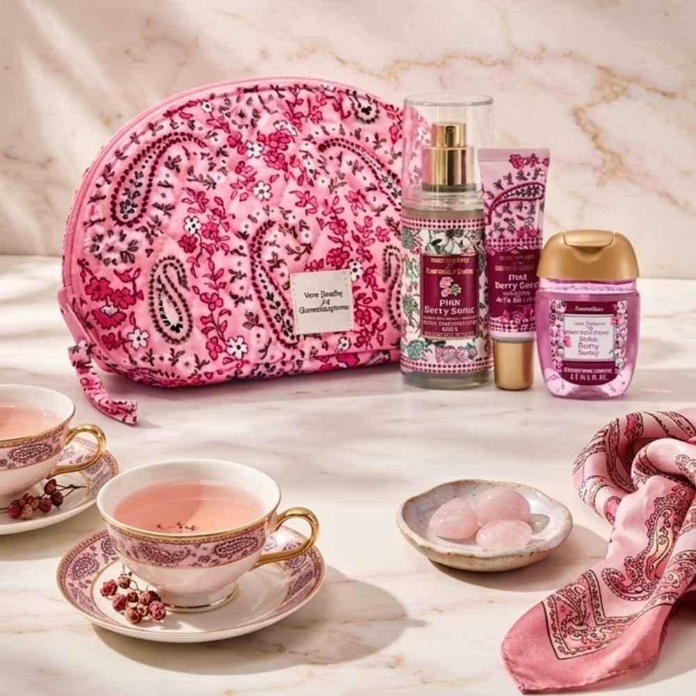 Bbw And Vera Bradley Pink Paisley Travel Cosmetic Pouch with Pink Fragrance Set